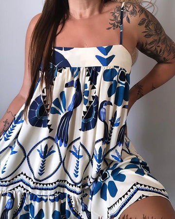 Tropical Print Spaghetti Strap A Line Mini Dress Casual Back Tied Detail Layered Dress